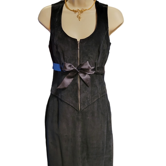 NWT Aldo 6 Suede Leather Dress Bodycon Black/Dark Purple with Satin Bow ab Waist - Picture 2 of 14